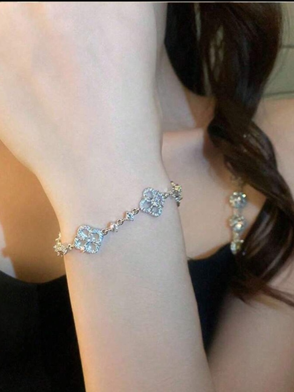 Silver Crystal Floral Link Bracelet by - Picture 2 of 3